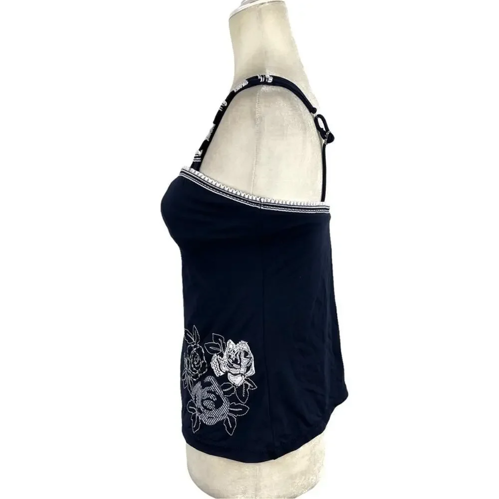 Becca Women's Size Small Floral Embroidered Crochet Strap Navy Tankini Swim Top